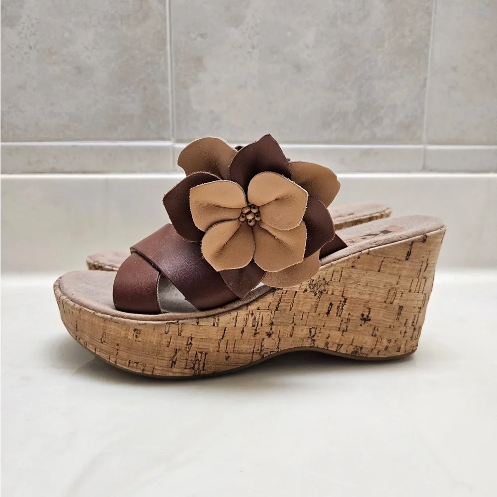 Kork-Ease Kirk’s Wedge Slide Sandals with Floral Accent in Brown and Tan